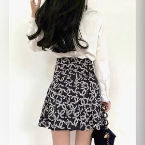 Navy Embroidered Pleated Mini Skirt w/ Built-In Shorts | Linen Blend | A-Line